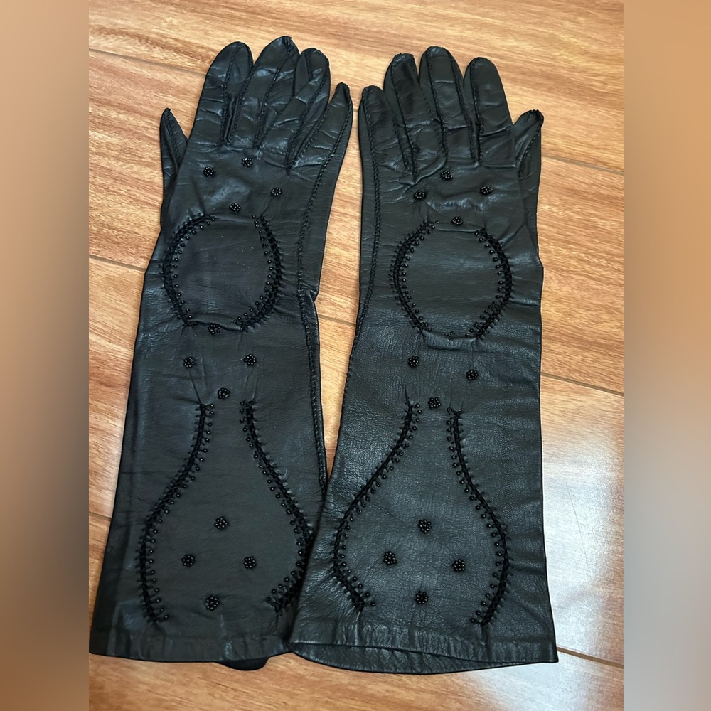 Vintage Long length black leather gloves with embroidery
